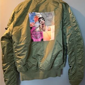 Alpha‎ Industries Flyers Jacket Green Reversible MA-1 Bomber RARE GRAPHICS EUC